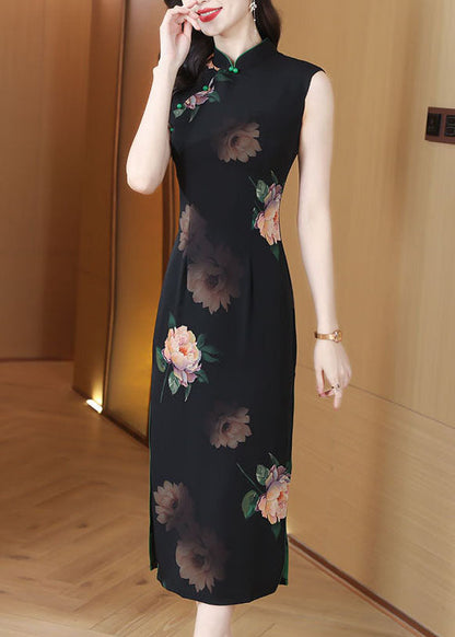 Black Stand Collar Print Side Open Chiffon Dresses Sleeveless