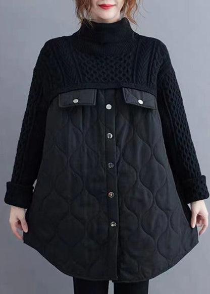 Black Turtle Neck Patchwork Knit Cotton Filled Long Sweater Winter