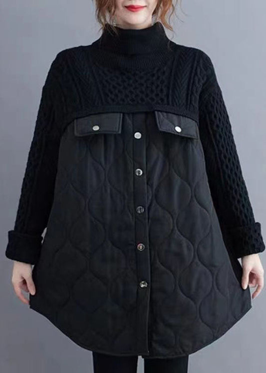 Black Turtle Neck Patchwork Knit Cotton Filled Long Sweater Winter