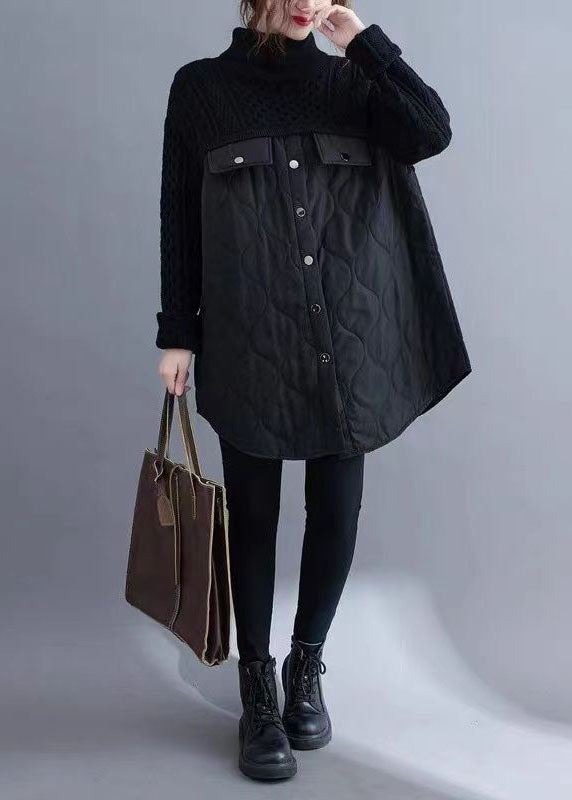 Black Turtle Neck Patchwork Knit Cotton Filled Long Sweater Winter