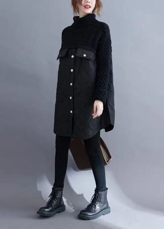 Black Turtle Neck Patchwork Knit Cotton Filled Long Sweater Winter