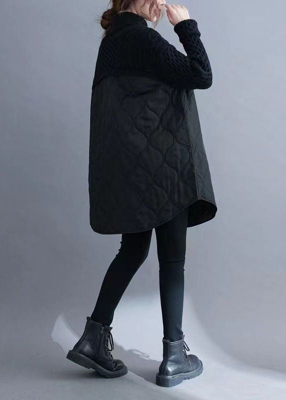 Black Turtle Neck Patchwork Knit Cotton Filled Long Sweater Winter