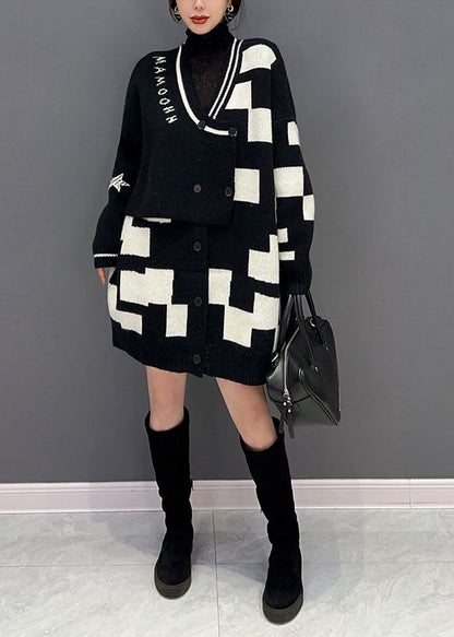 Black Turtle Neck Patchwork Plaid Knit Fake Two Piece Long Sweater Winter