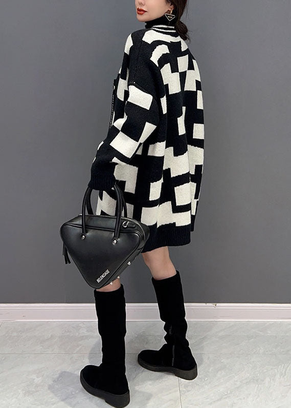 Black Turtle Neck Patchwork Plaid Knit Fake Two Piece Long Sweater Winter