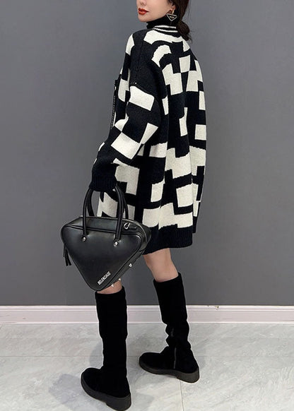Black Turtle Neck Patchwork Plaid Knit Fake Two Piece Long Sweater Winter