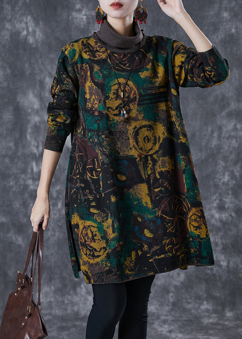 Black Turtle Neck Print Knit Dress Winter