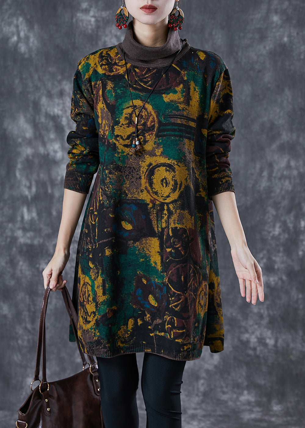 Black Turtle Neck Print Knit Dress Winter