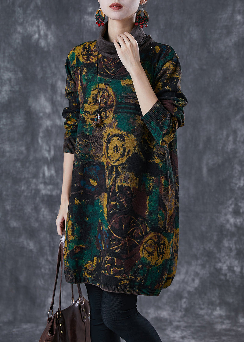 Black Turtle Neck Print Knit Dress Winter