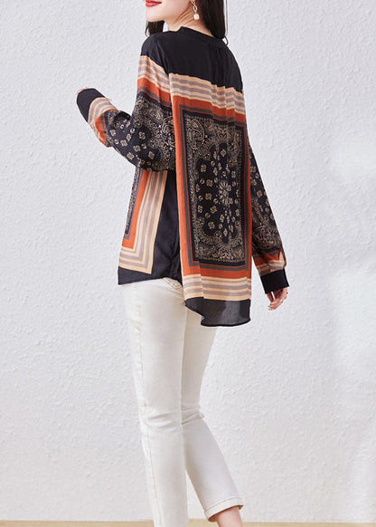 Black V Neck Print Patchwork Chiffon Blouses Long Sleeve