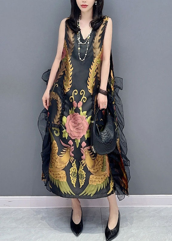 Black V Neck Print Ruffled Patchwork Silk Dress Sleeveless