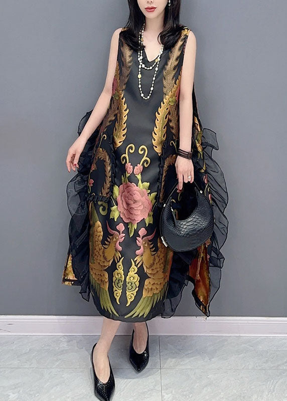 Black V Neck Print Ruffled Patchwork Silk Dress Sleeveless