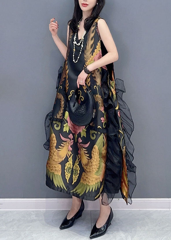 Black V Neck Print Ruffled Patchwork Silk Dress Sleeveless