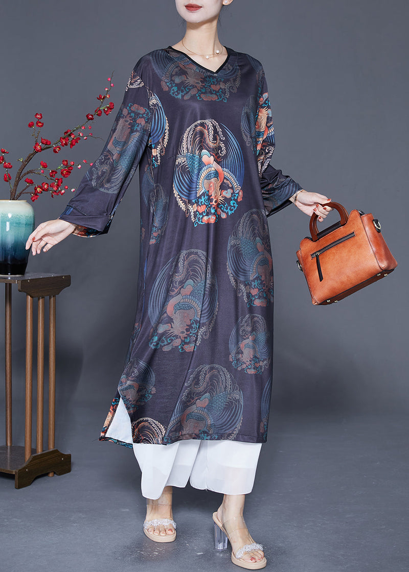 Black V Neck Print Side Open Silk Long Dress Long Sleeve