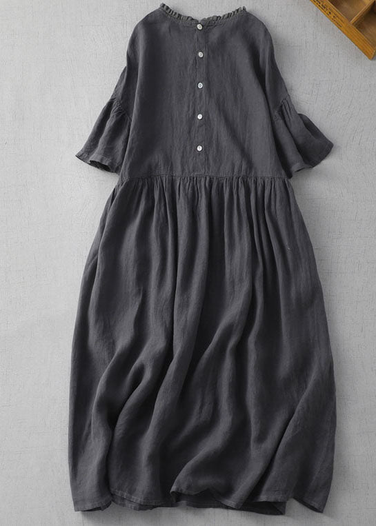 Black Wrinkled Embroidered Patchwork Linen Dress Summer