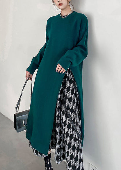 Blackish Green O-neck Cozy Knit Sweater Dress Winter