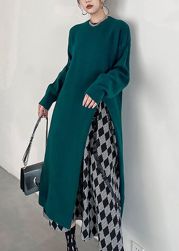 Blackish Green O-neck Cozy Knit Sweater Dress Winter
