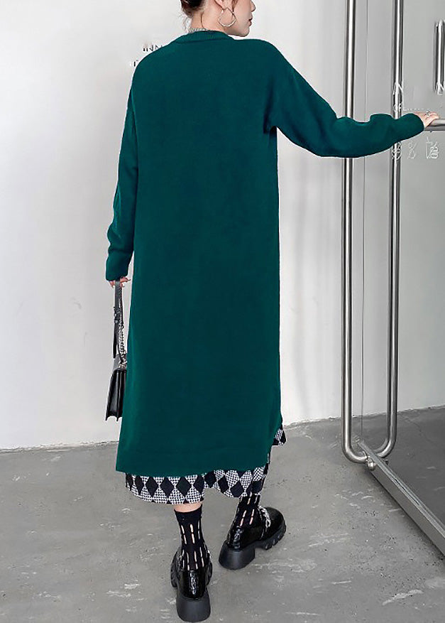 Blackish Green O-neck Cozy Knit Sweater Dress Winter