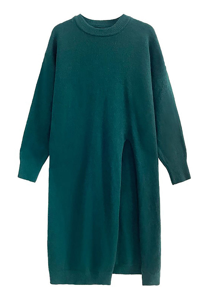 Blackish Green O-neck Cozy Knit Sweater Dress Winter