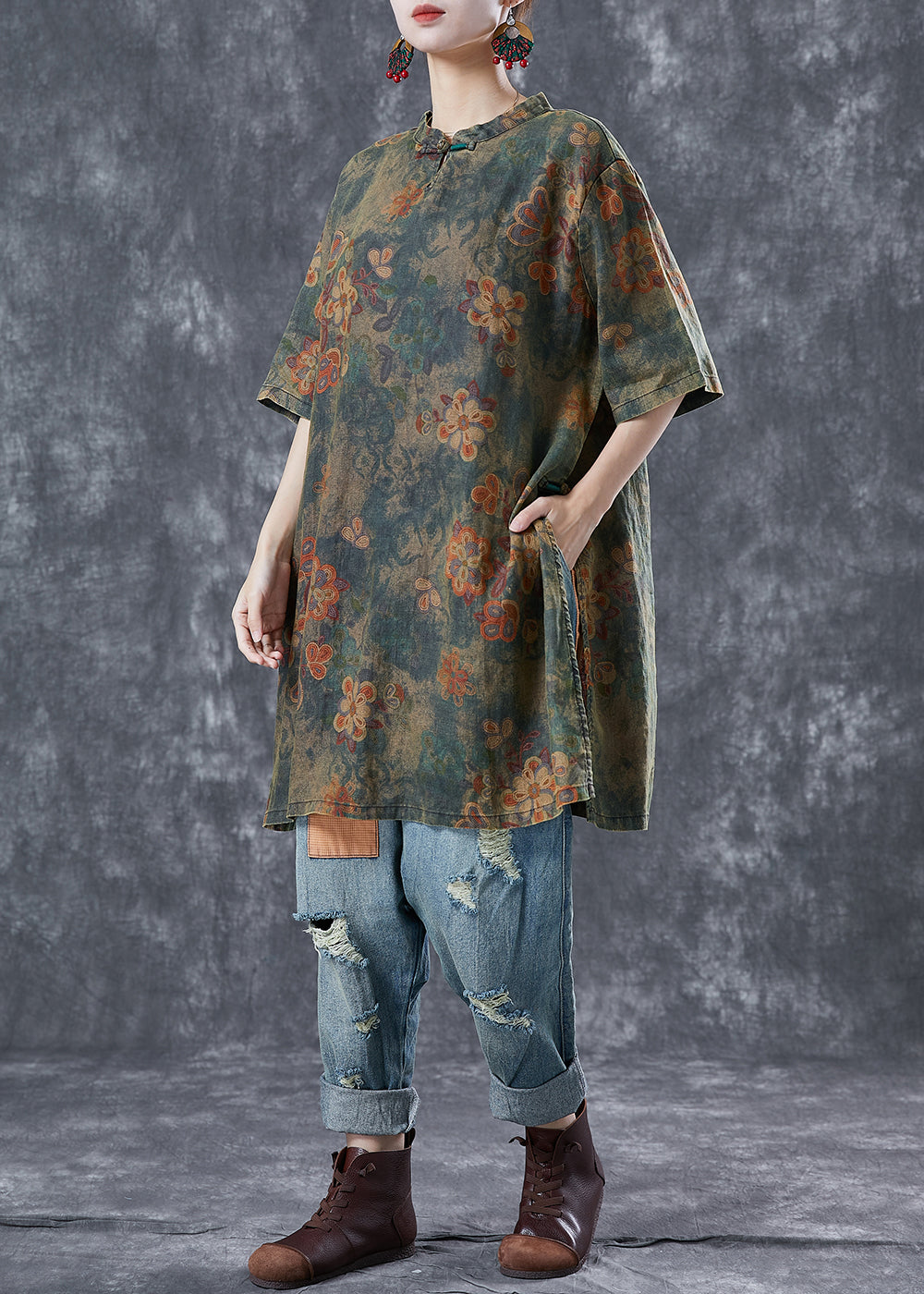 Blackish Green Oversized Tie Dye Linen Vacation Dress Summer