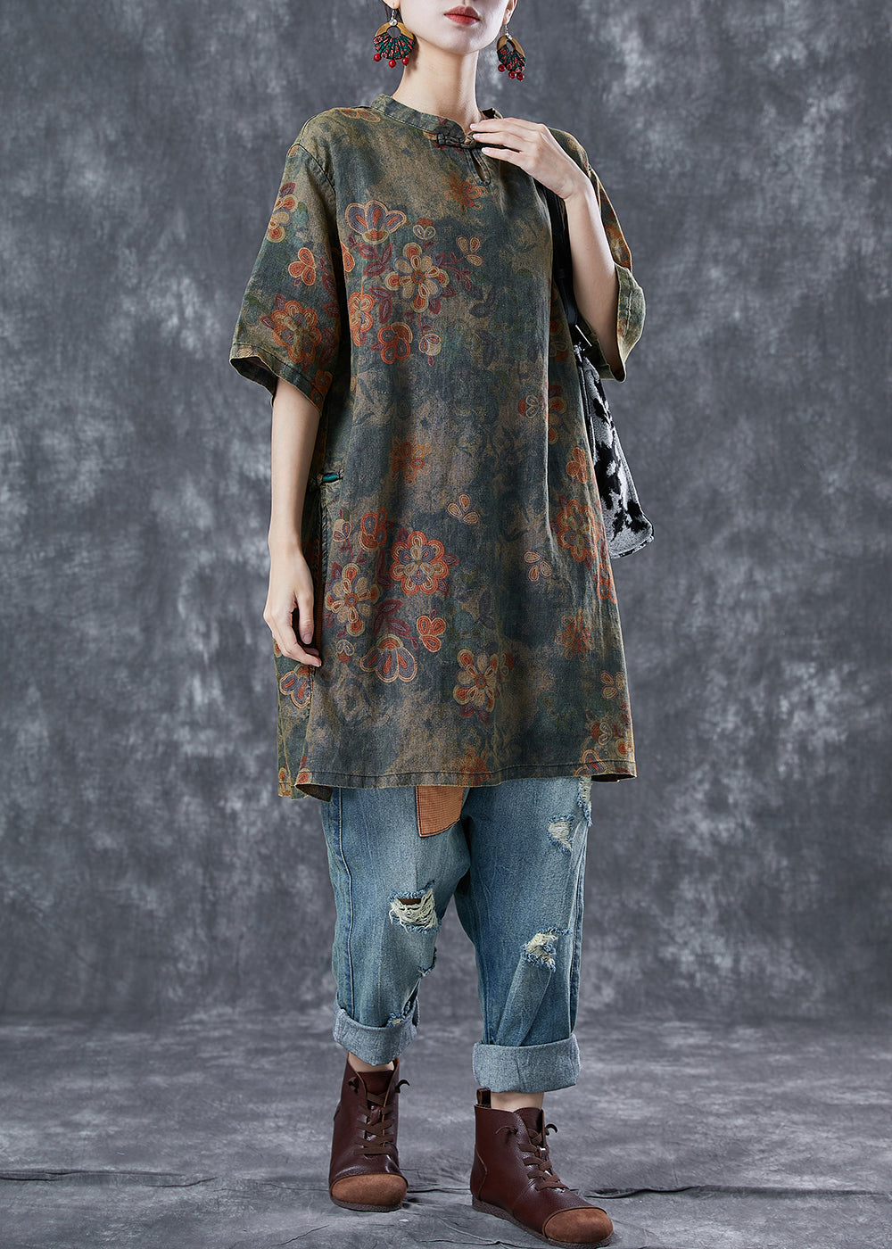 Blackish Green Oversized Tie Dye Linen Vacation Dress Summer