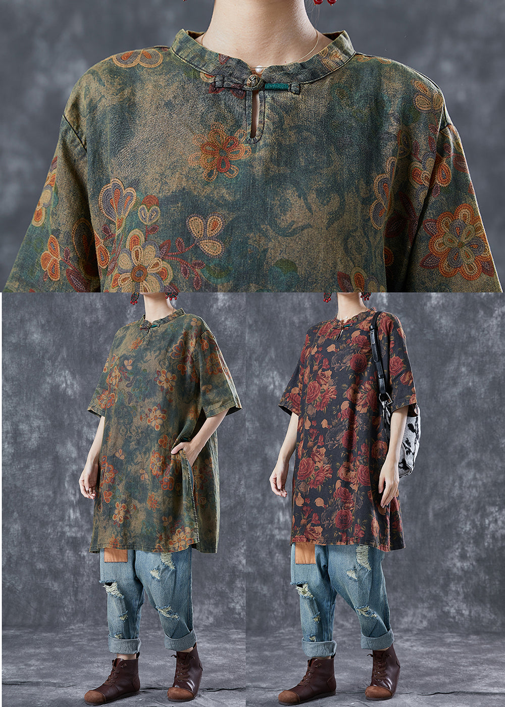 Blackish Green Oversized Tie Dye Linen Vacation Dress Summer