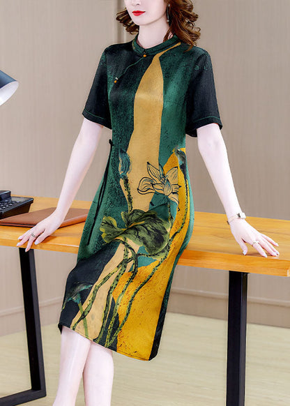 Blackish Green Stand Collar Print Silk Cheongsam Dress Short Sleeve