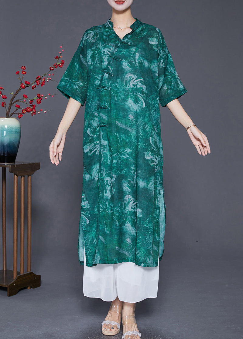 Blackish Green V Neck Tie Dye Linen Gown Dresses Half Sleeve