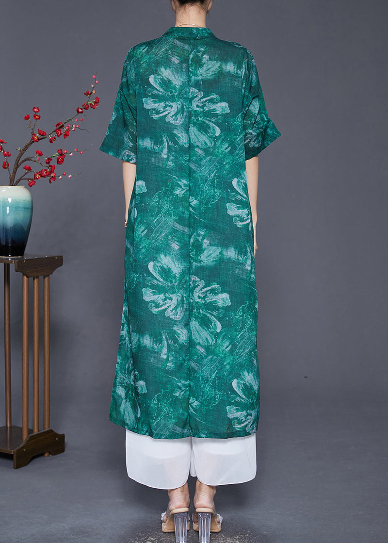 Blackish Green V Neck Tie Dye Linen Gown Dresses Half Sleeve