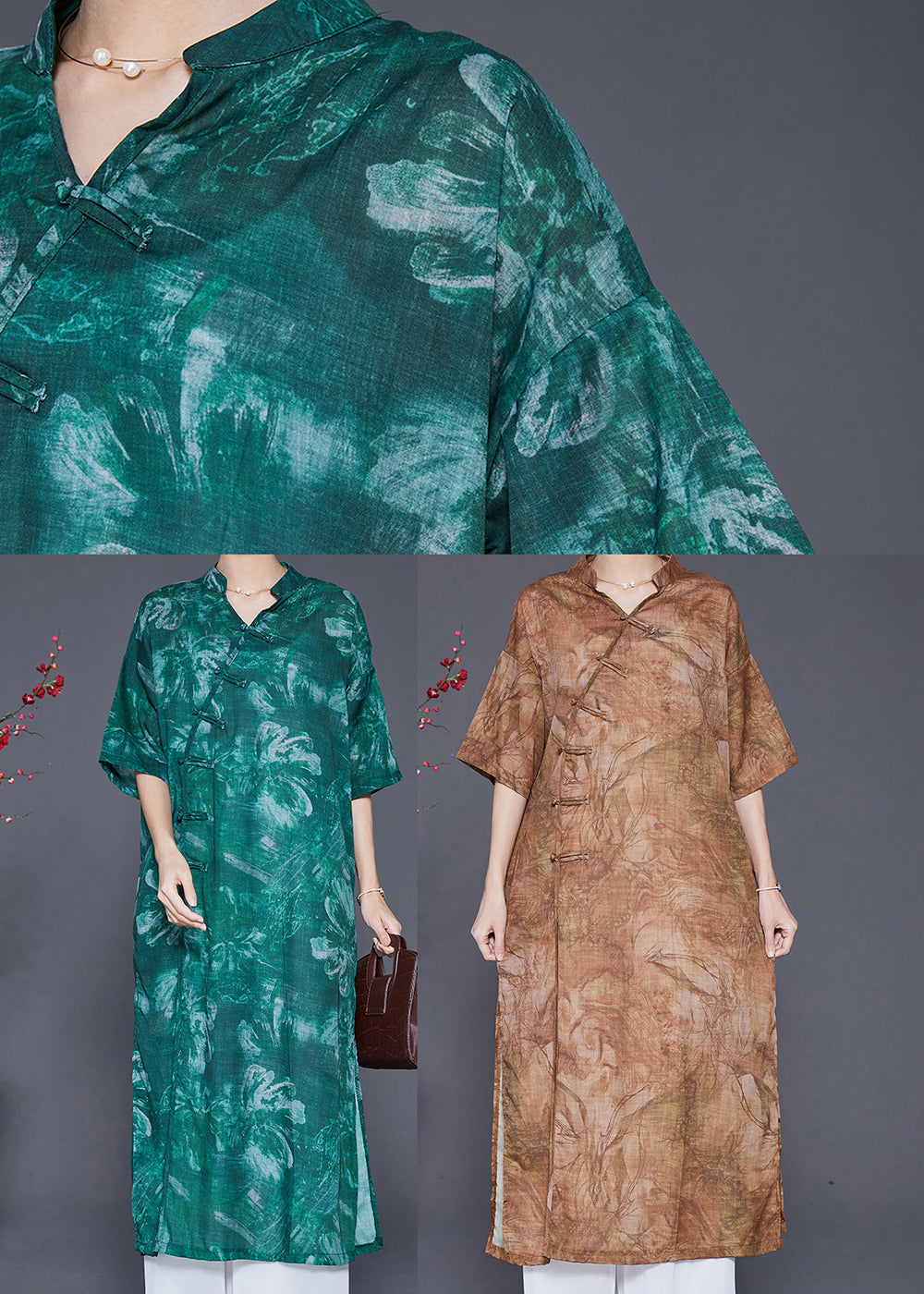 Blackish Green V Neck Tie Dye Linen Gown Dresses Half Sleeve