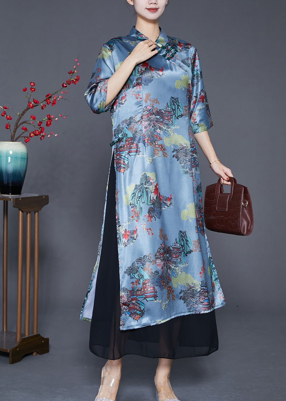 Blue Chinese Button Patchwork Silk Fake Two Piece Dresses Summer
