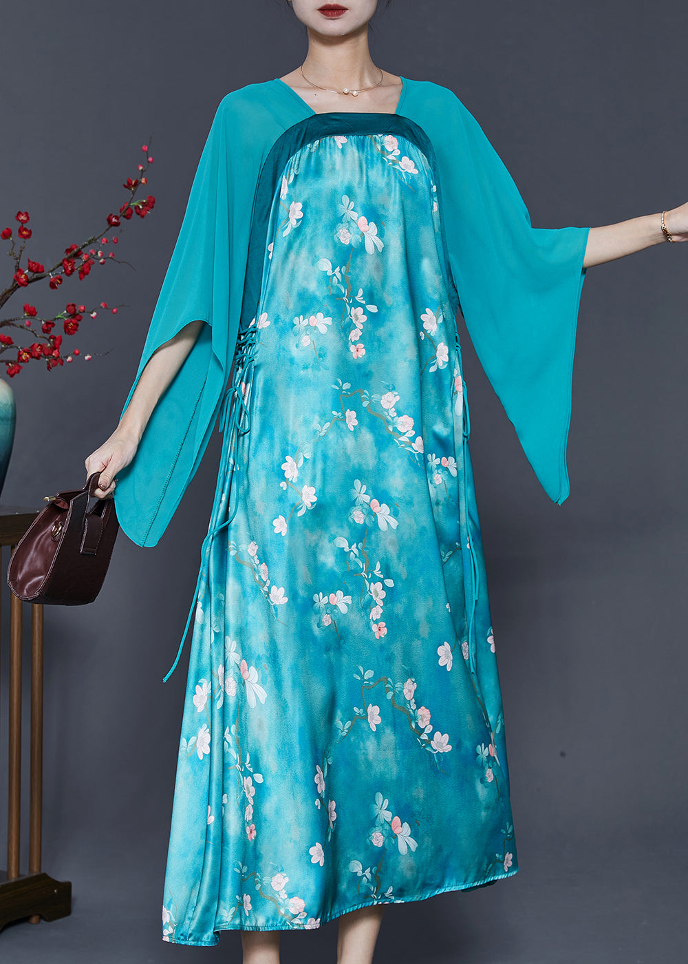 Blue Cinched Patchwork Silk Long Dresses Summer