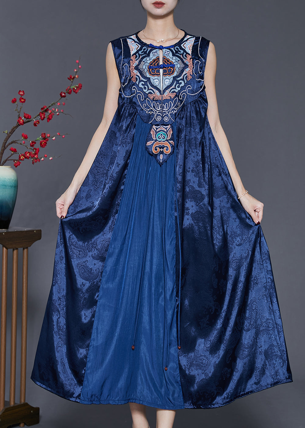 Blue Embroidered Patchwork Silk Dress Sleeveless