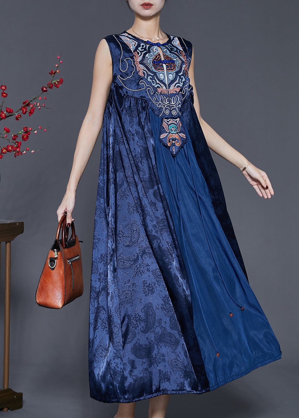 Blue Embroidered Patchwork Silk Dress Sleeveless