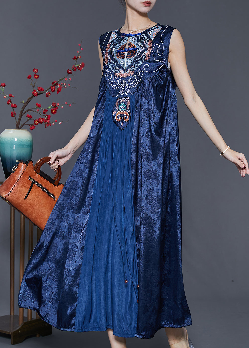Blue Embroidered Patchwork Silk Dress Sleeveless