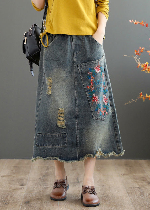 Blue Embroidered Patchwork Patchwork a Line Skirt Summer