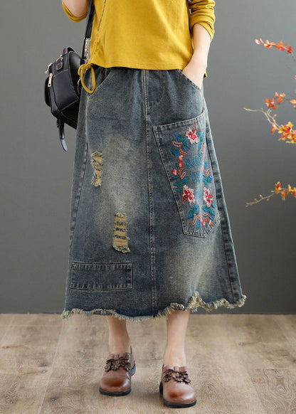 Blue Embroidered Patchwork Patchwork a Line Skirt Summer