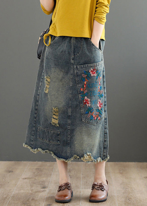 Blue Embroidered Patchwork Patchwork a Line Skirt Summer