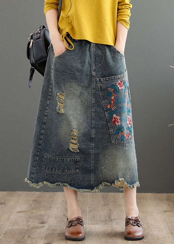 Blue Embroidered Patchwork Patchwork a Line Skirt Summer