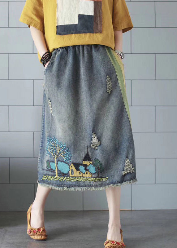 Blue Embroidered Patchwork Patchwork a Line Skirt Summer