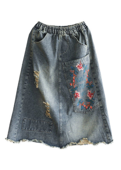 Blue Embroidered Patchwork Patchwork a Line Skirt Summer