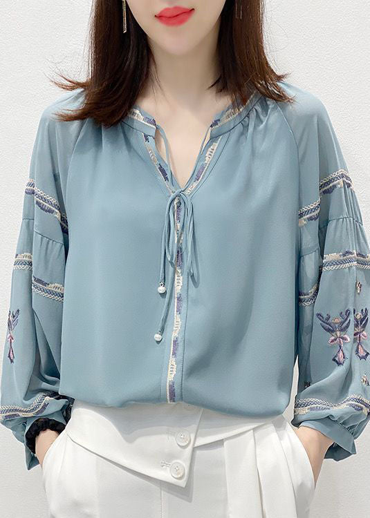 Blue Embroidered V Neck Chiffon Shirt Top Three Quarter Sleeve