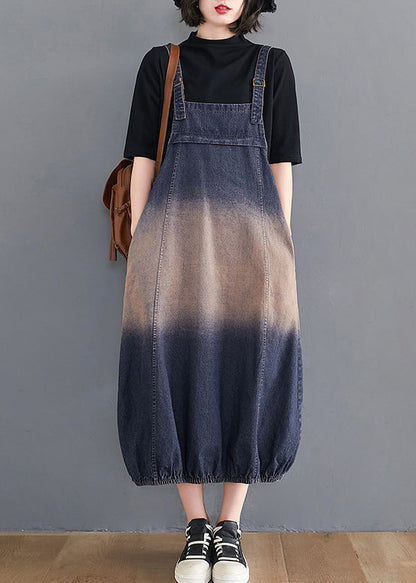 Blue Gradient Color Pockets Spaghetti Strap Denim Dress Summer