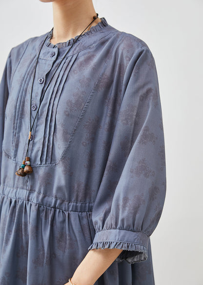 Blue Grey Cinched Print Linen Dress Bracelet Sleeve