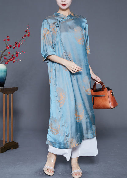 Blue Mandarin Collar Print Silk Long Dresses Summer