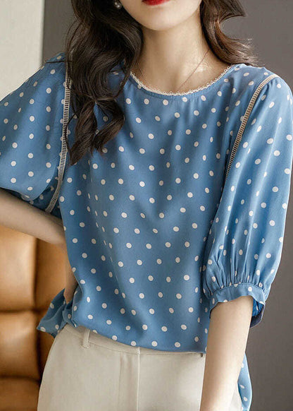 Blue O-neck Dot Print Silk Blouse Tops Summer