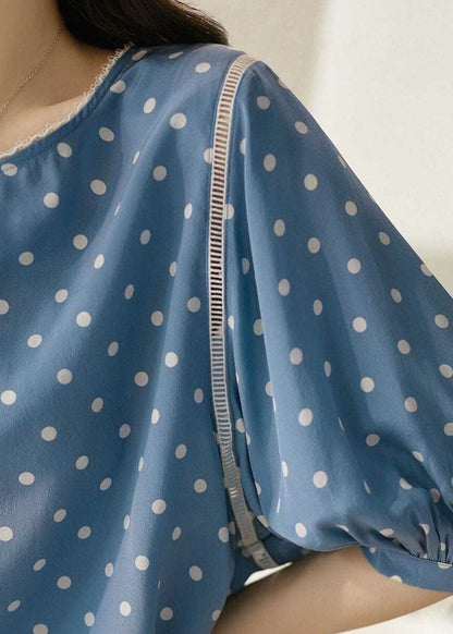 Blue O-neck Dot Print Silk Blouse Tops Summer