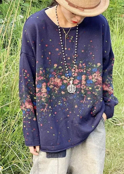 Blue O-neck Oversized Print Thick Knitted Tops Winter