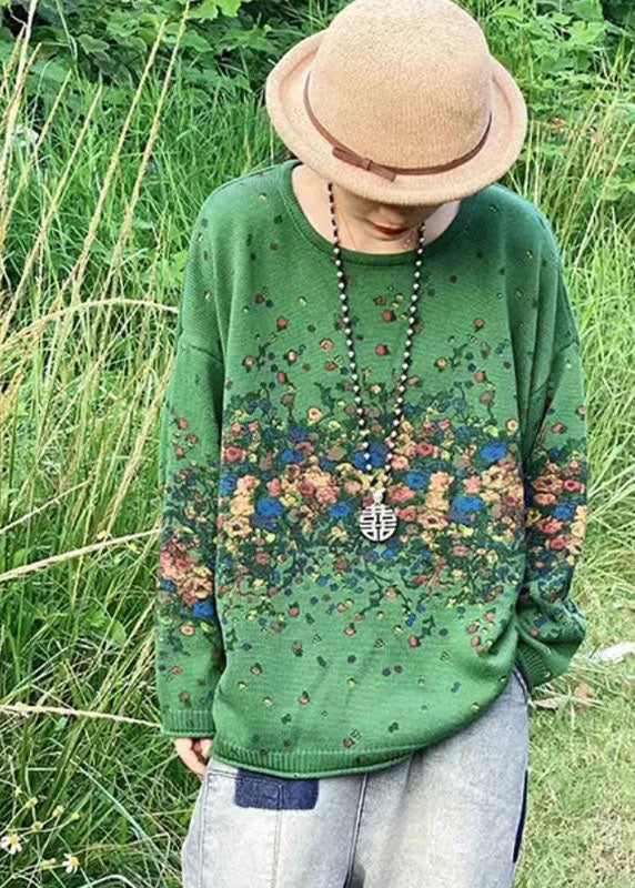 Blue O-neck Oversized Print Thick Knitted Tops Winter