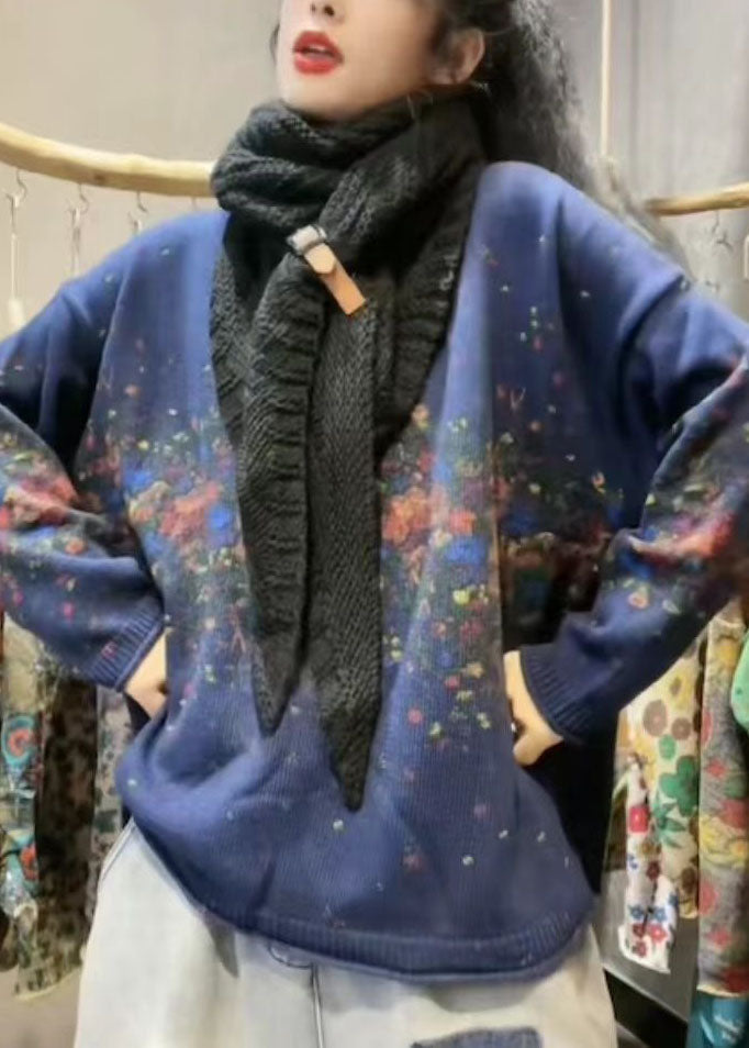 Blue O-neck Oversized Print Thick Knitted Tops Winter