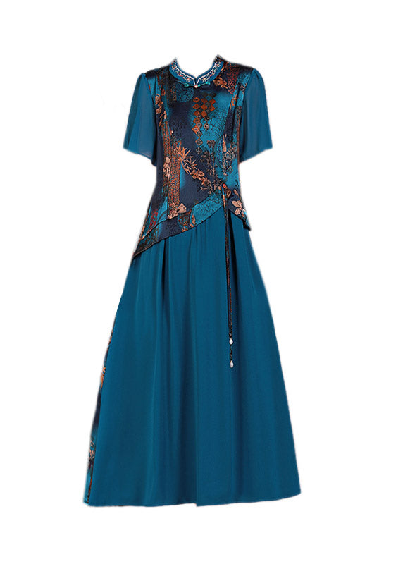 Blue O-neck Print Silk Long Dresses Short Sleeve